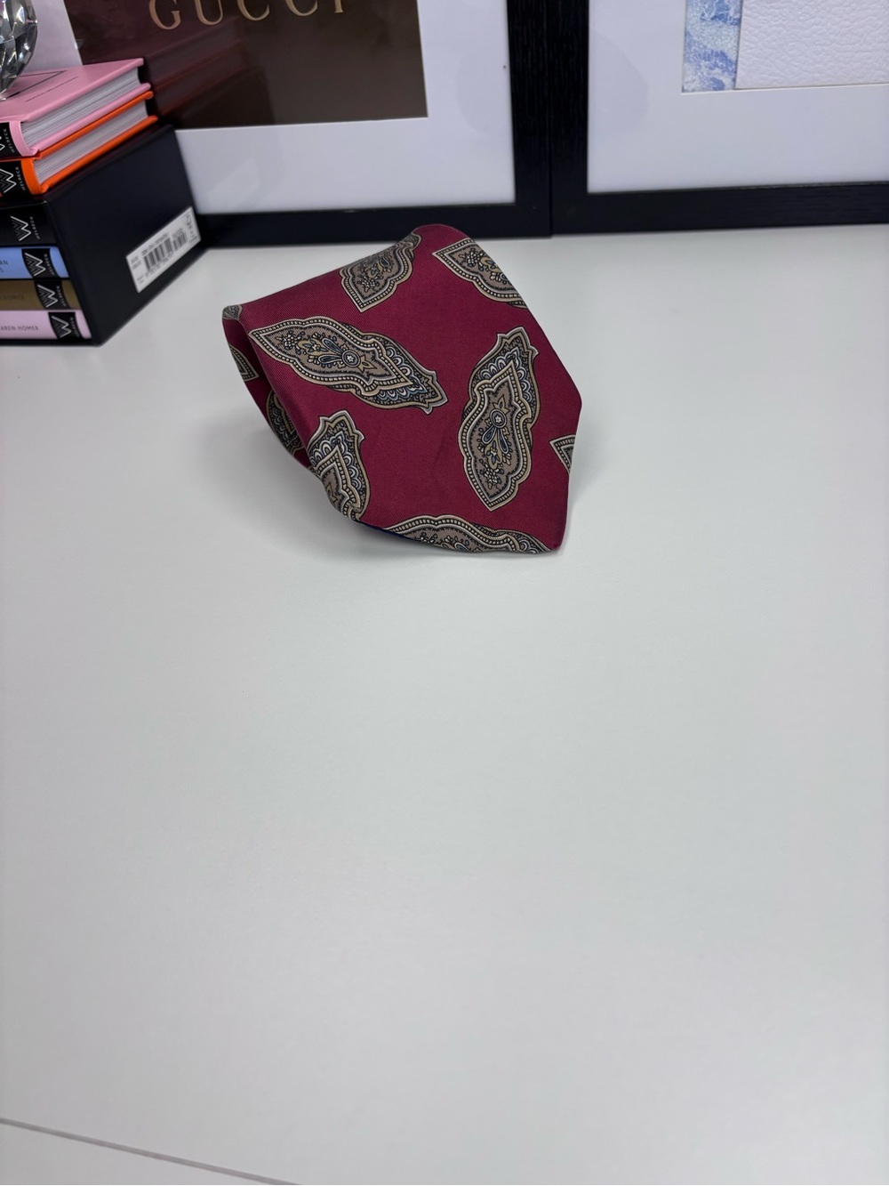 Liberty of London Burgundy with Golden Tan Paisley Medallions Imported Silk Tie